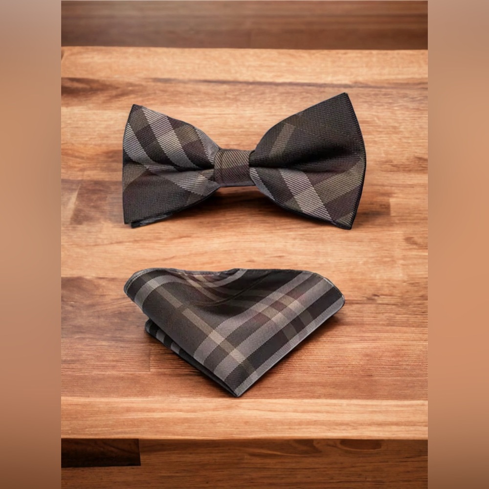 Men’s Coordinated Bow Tie Set - Brown Plaid - Brown striped